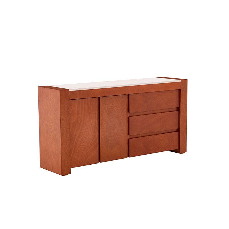 Cómoda Mond de madera con acabado en chapa de caoba y detalles en mármol, tamaño 160x80x40 cm, de la marca Deurope.
