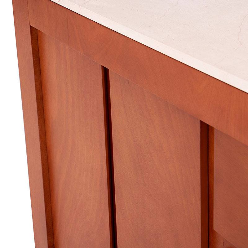 Cómoda Mond de madera con acabado en chapa de caoba y placa de mármol, 160 cm de ancho, 80 cm de alto y 40 cm de fondo.