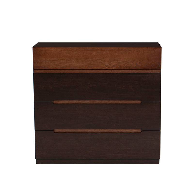 Cómoda Basil de madera en tono tabaco y nuez con chapa de Fresno, frente y dimensiones de 100x93x40 cm.