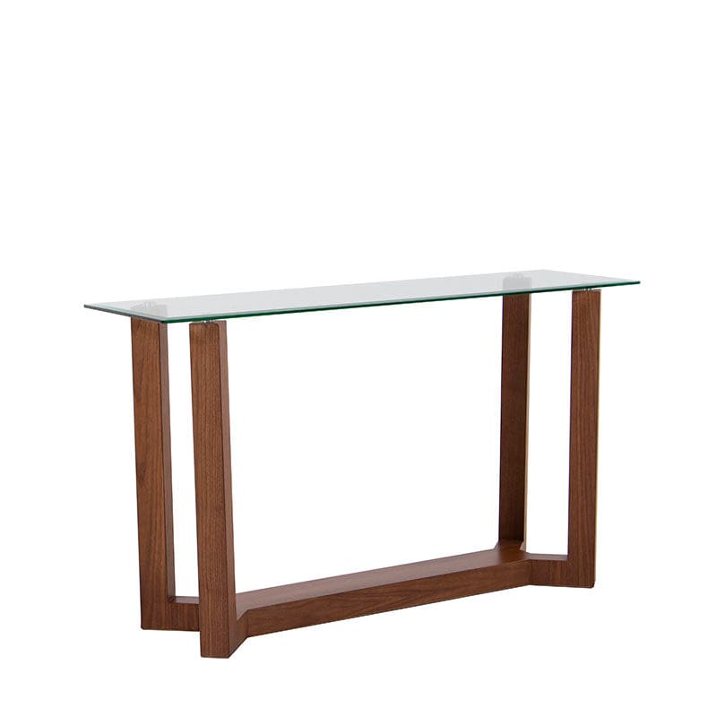 Consola Merlot deurope.com.mx en nogal con cubierta de cristal, estructura de chapa de nogal, dimensiones 140x80x40 cm.