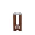 Consola Merlot de estilo moderna en madera de nogal con cubierta de cristal, estructura en chapa de nogal, 140x80x40 cm.