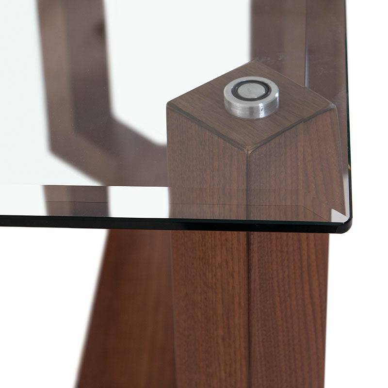 Consola Merlot de madera de nogal con estructura de chapa y cubierta de cristal, 140 cm de ancho, 80 cm de alto y 40 cm de fondo