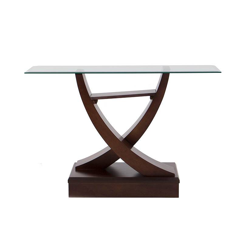 Consola Burj de madera nogal con cubierta de cristal, diseño moderno, dimensiones 130x83x42 cm, deurope.com.mx
