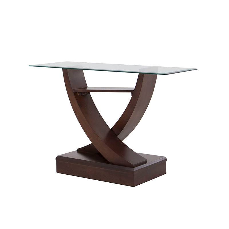 Consola Burj de madera color nogal con cubierta de cristal, diseño moderno, mide 130 cm de ancho, 83 cm de alto y 42 cm de fondo.