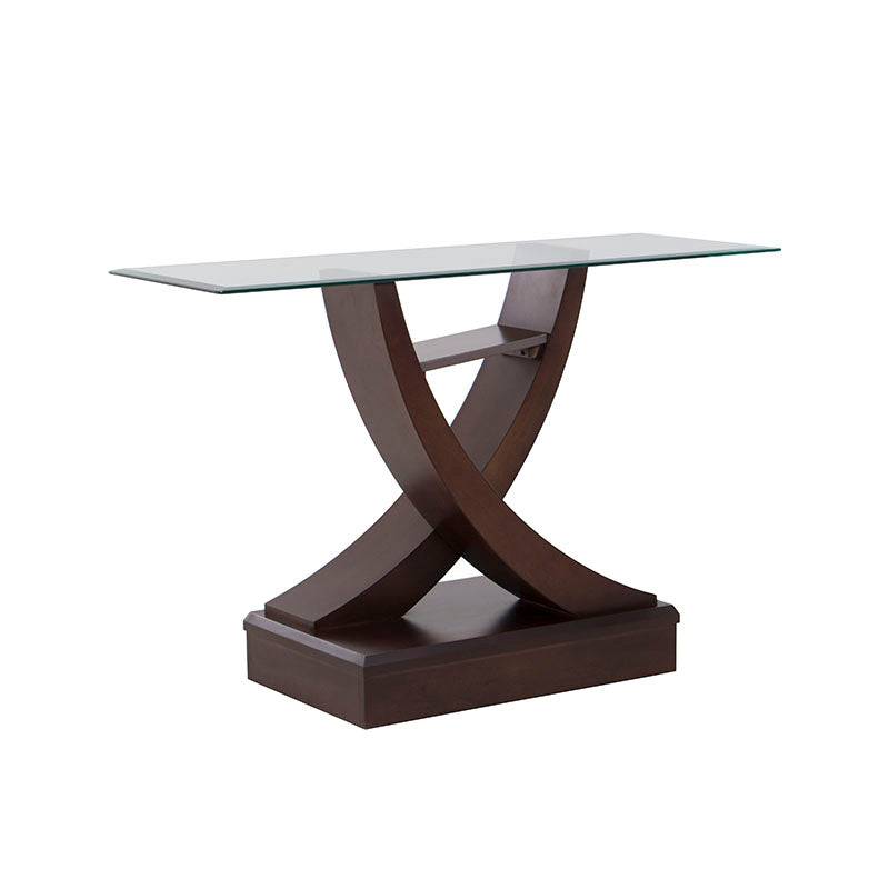 Consola Burj de madera de nogal con cubierta de cristal, dimensiones 130x42x83 cm, diseño elegante y moderno.