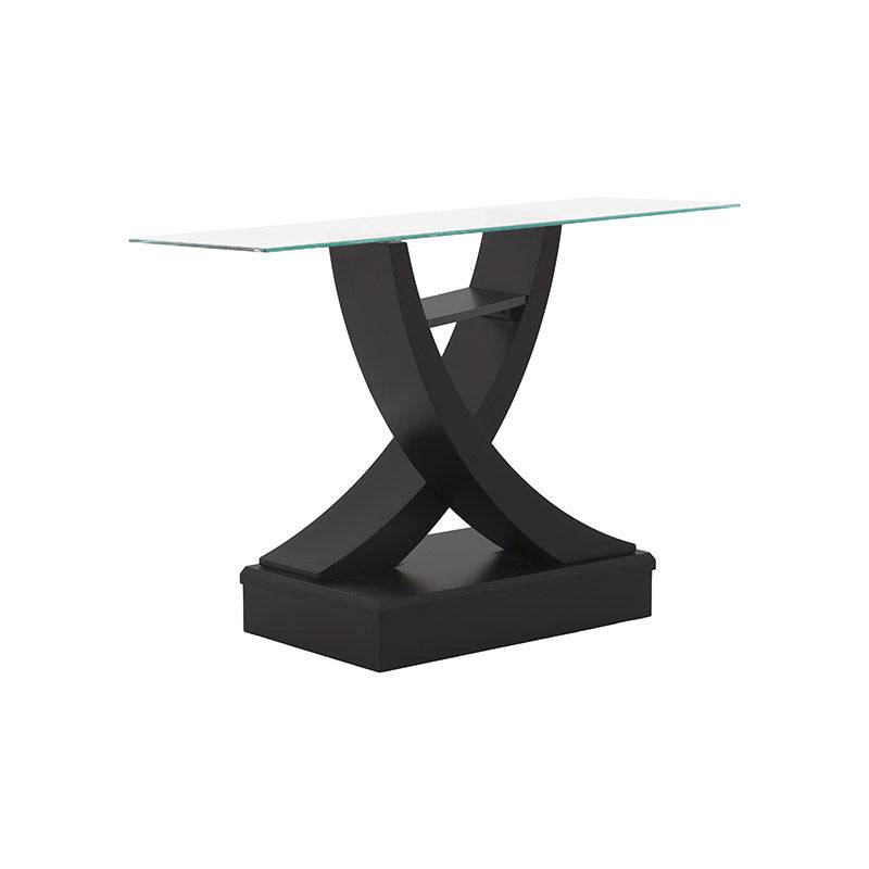 Consola Burj de madera nogal con cubierta de cristal, dimensiones 130x83x42 cm, diseño elegante y moderno.