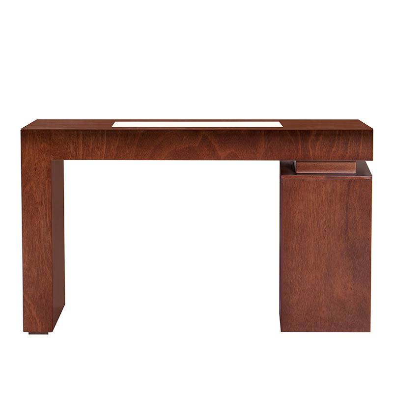 Consola Tamayo de madera con chapa de caoba y placa de mármol, en acabado natural, mide 140 cm de ancho, 75 cm de alto y 40 cm de fondo.