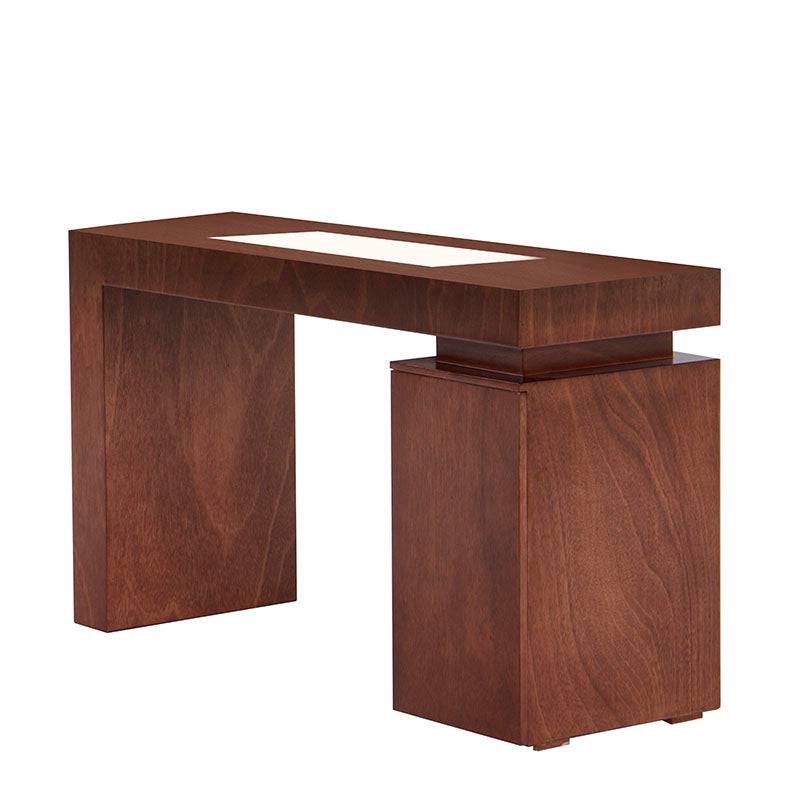 Consola Tamayo de madera con acabado en tabaco y chapa de caoba, con placa de mármol en el frente, dimensiones 140x75x40 cm.