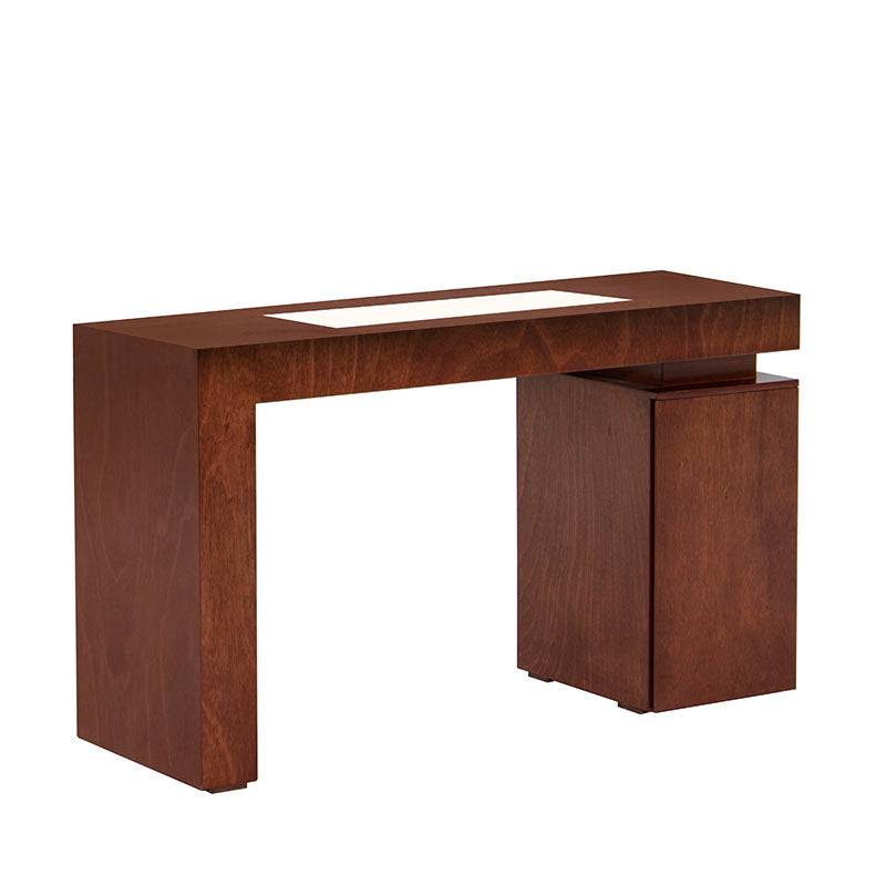 Consola Tamayo de color madera con chapa de caoba y placa de mármol, mide 140 cm de largo, 75 cm de alto y 40 cm de fondo.