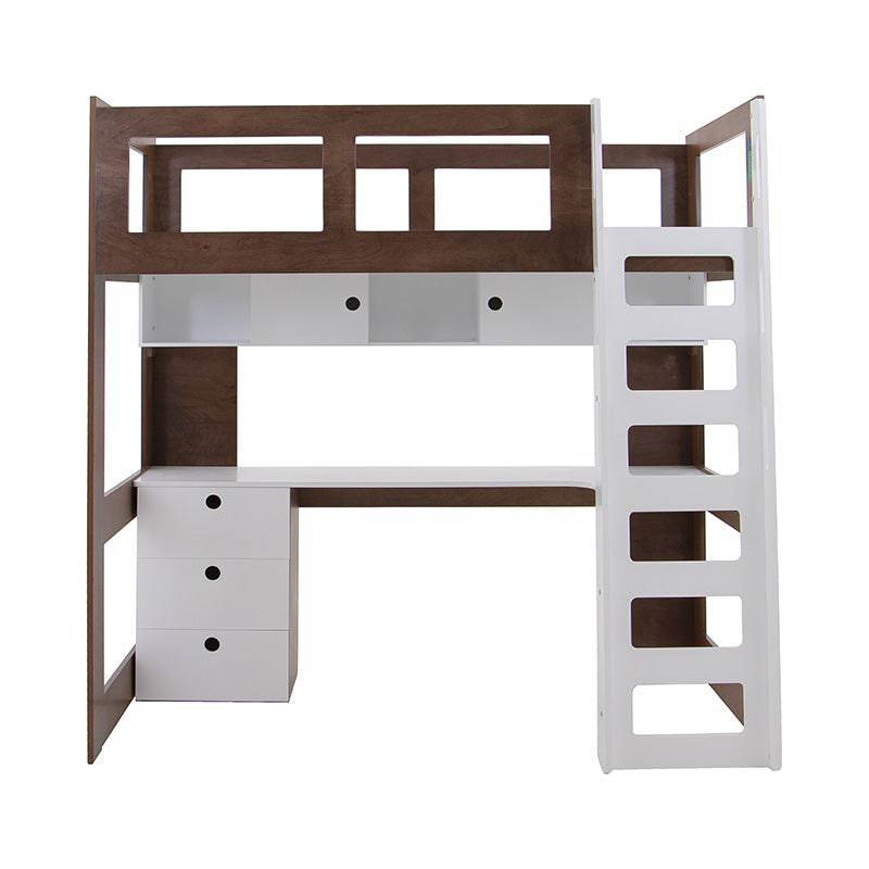 Cama alta con escritorio de madera en color blanco y nogal, con estructura de literas de estilo industrial, vista frontal.