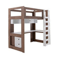 Cama alta con escritorio Elis en madera industrializada blanca y nogal, con espacio para estudio y almacenamiento.