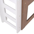 Cama alta con escritorio Elis de madera en color blanco y nogal, con estructura industrial, vista frontal, tamaño 200x110x210 cm