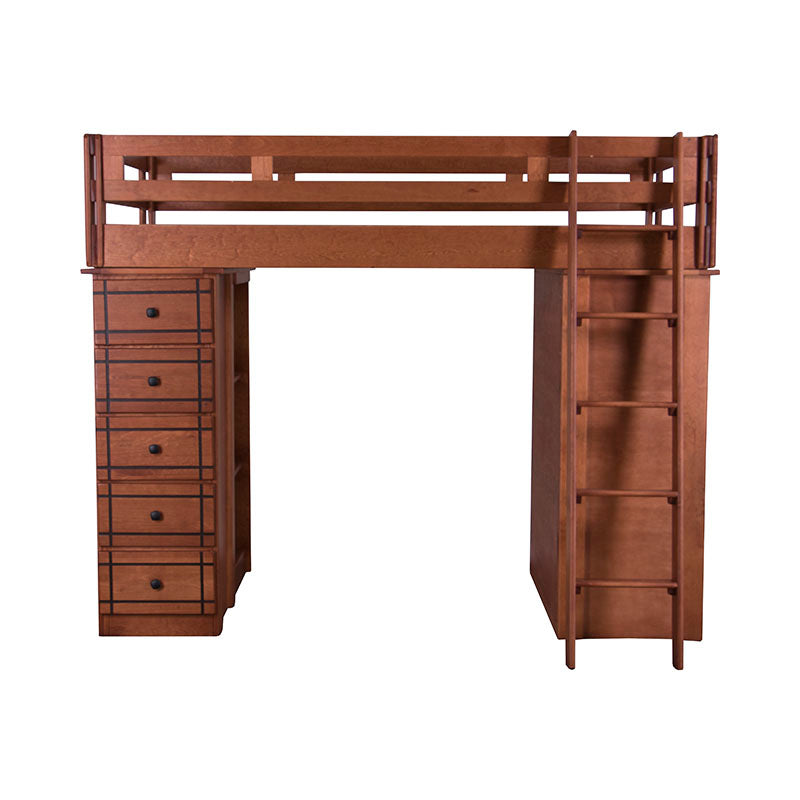 Cama alta Texas de literas de madera de pino y nogal, con estructura robusta y diseño funcional para dormitorios infantiles.