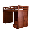 Cama alta Tenesse de madera de pino con acabado nogal, estructura industrializada, frente visible, dimensiones 253x124x108 cm
