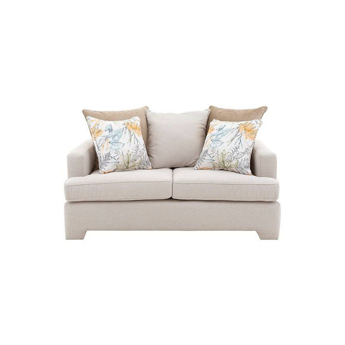 Juego de sala Tamayo de 2 piezas en tela beige claro, sofá loveseat con estructura y cojines cómodos.