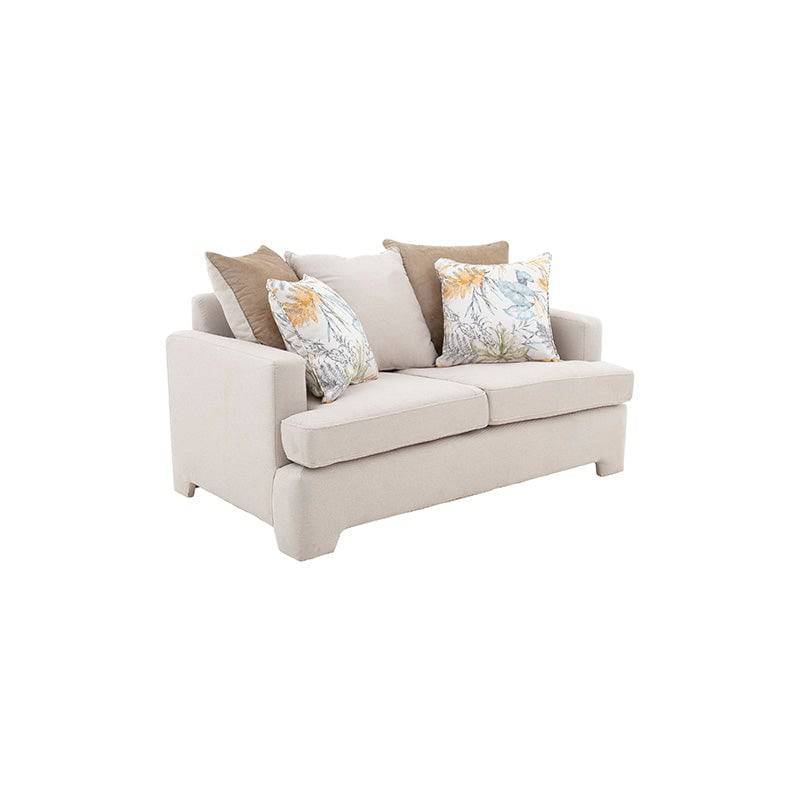 Sofá loveseat Tamayo de color beige claro, tapizado en tela, con medidas de 160 cm de ancho y respaldo cómodo.