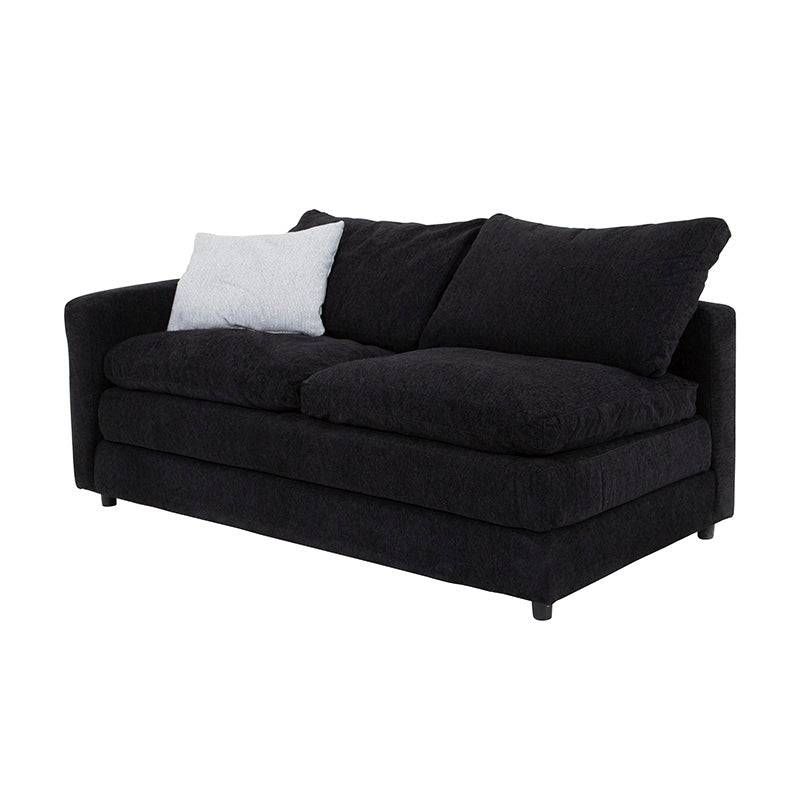 Módulo de sala Lazy Loveseat de negro en tela, con respaldo y asiento amplios, frente y vista lateral, dimensiones 172x90x94 cm.