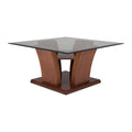 Mesa de centro Tulip de madera Nogal con cubierta de cristal, dimensiones 90x45x90 cm, estilo moderno y elegante.