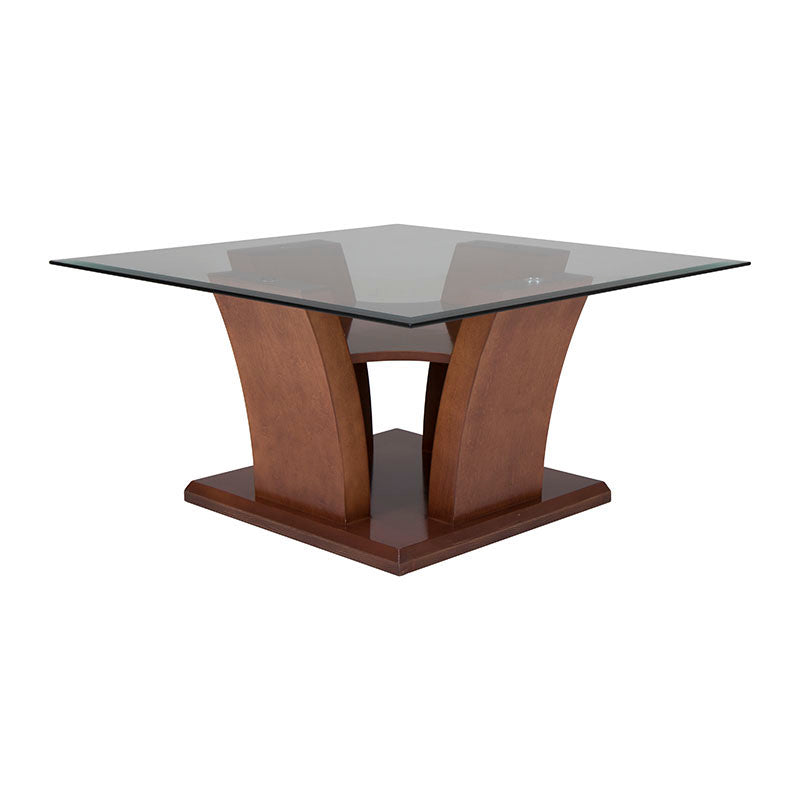 Mesa de centro Tulip de madera nogal con cubierta de cristal, diseño moderno, dimensiones 90x45x90 cm, deurope.com.mx