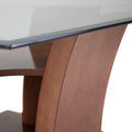 Mesa de centro Tulip de madera nogal con superficie de cristal, tamaño 90x45x90 cm, de deurope.com.mx.