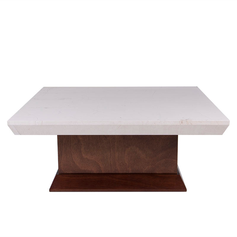 Mesa de centro Mond de Deurope con tapa de mármol y estructura de caoba, en color tabaco, con dimensiones de 100x43x100 cm.