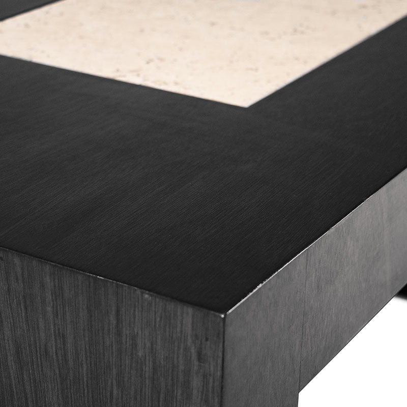 Mesa de centro Tamayo de madera de caoba con chapa y placa de mármol, 120 cm de ancho, 45 cm de alto y 60 cm de fondo.