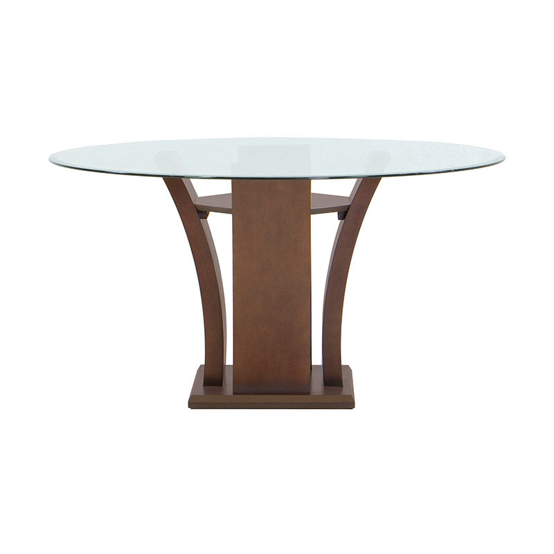 Mesa de comedor Tulip de madera nogal con cubierta de cristal, deoupe.com.mx, diámetro 140 cm y altura 78 cm.