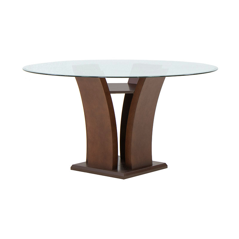 Mesa de comedor Tulip de madera nogal con cubierta de cristal, diámetro 140 cm y altura 78 cm, deurope.com.mx