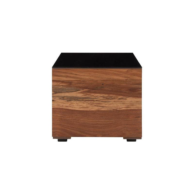 Mesa lateral Abudabi de europé.com.mx, en color café claro y negro, con chapa de tzalam, frente de 50 cm y altura de 43 cm.