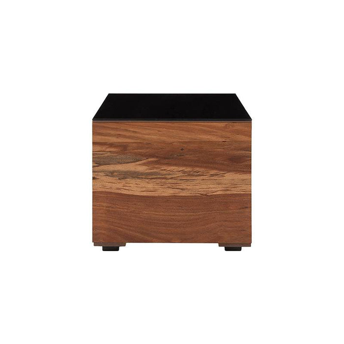 Mesa lateral Abudabi de europé.com.mx, en color café claro y negro, con chapa de tzalam, frente de 50 cm y altura de 43 cm.