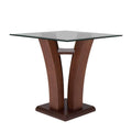 Mesa lateral Tulip de madera nogal con cubierta de cristal, tamaño 60x50x60 cm, diseñada por deurope.com.mx.