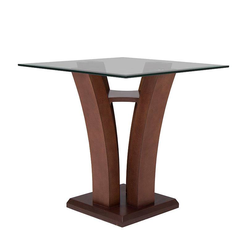 Mesa lateral Tulip de madera Nogal con base de hierro, superficie de cristal, tamaño 60x50x60 cm, deoupe.com.mx