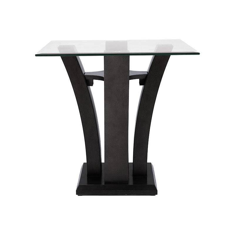 Mesa lateral Tulip de madera nogal con cubierta de cristal, tamaño 60x50x60 cm, diseño elegante y moderno.