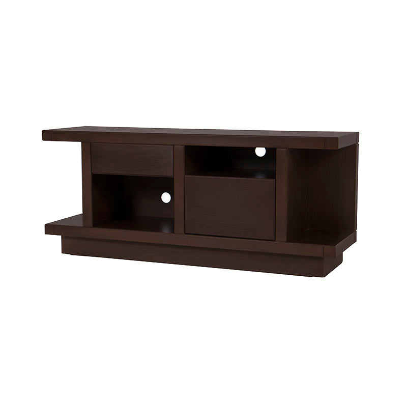 Mueble para TV Lisboa de madera industrializada en color café, con espacio para televisor y almacenamiento.