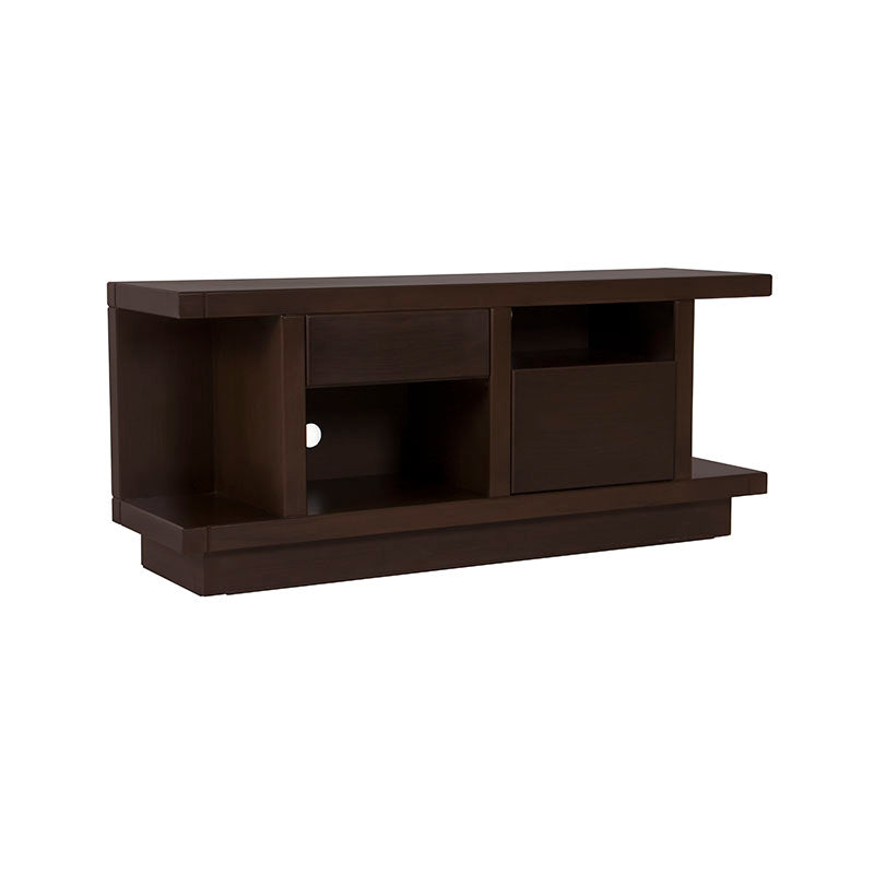 Mueble para TV Lisboa de madera industrializada en color café, con dimensiones de 140 cm de ancho, 60 cm de alto y 40 cm de fondo.