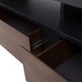 Mueble para TV Ohana de madera en acabado grafito y nogal, con diseño moderno, frente de encino y dimensiones de 200 cm de largo.