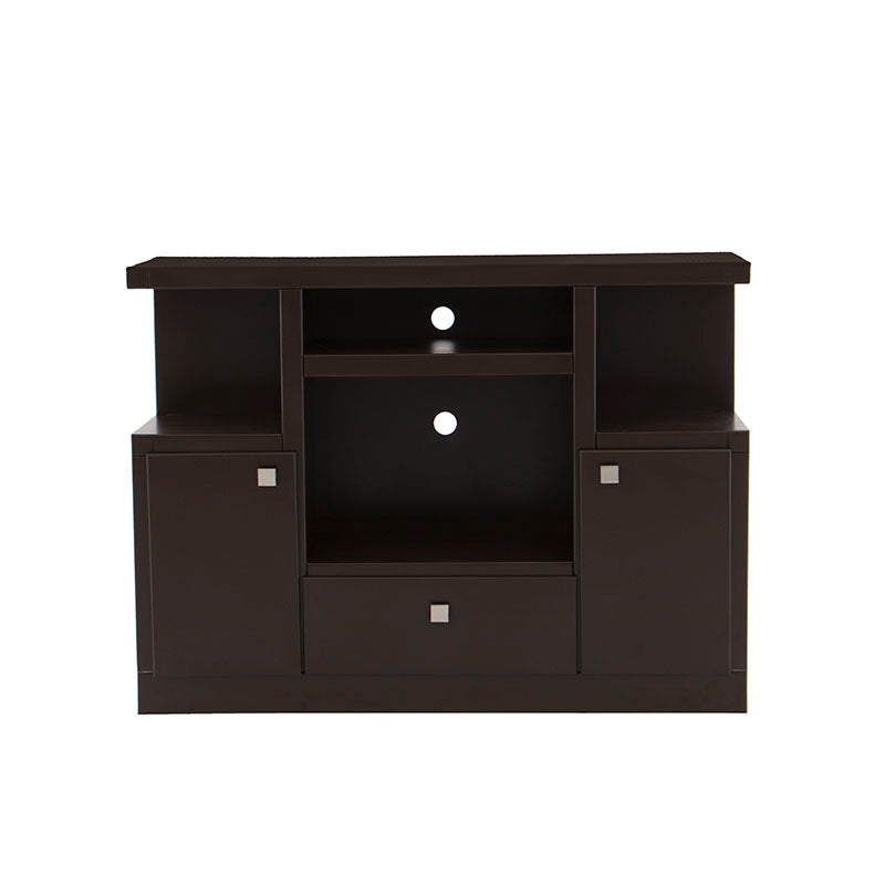 Mueble para TV Asturias de madera industrializada en color moka, con 140 cm de ancho, 104 cm de alto y 40 cm de fondo.
