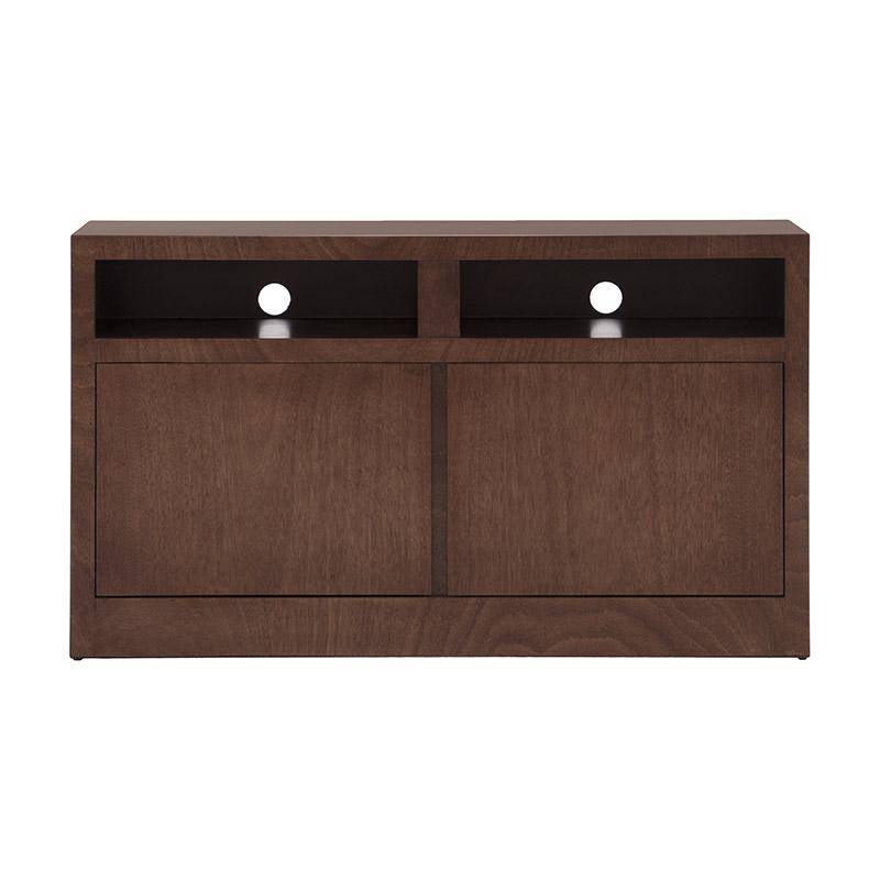Mueble para TV Tamayo de madera de caoba en chapa, con diseño en color tabaco, frente de 160 cm, alto 70 cm y fondo 30 cm.