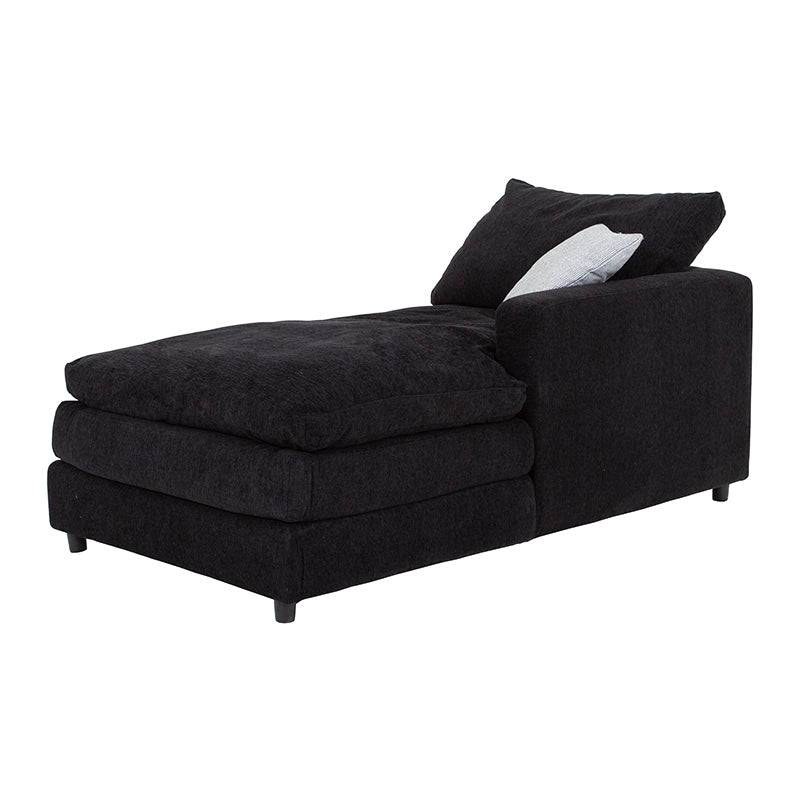 Modulo de sala Lazy Chaise de tejido negro, con respaldo y chaise longue, dimensiones 95x174 cm, estilo moderno y cómodo.
