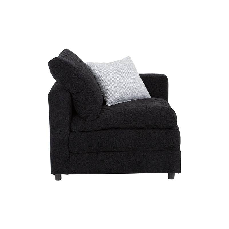 Silla esquinera de sala lazy deoupe.com.mx, módulo de sala en tela negra, con frente y fondo de 94 cm y altura de 90 cm.