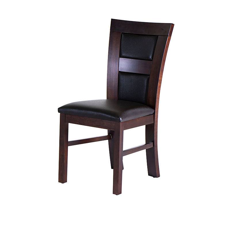 Silla de comedor Burj de madera nogal con asiento tapizado en color oscuro, vista frontal, altura de 90 cm.