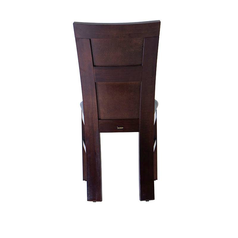 Silla de comedor Burj de madera nogal con asiento y respaldo de color oscuro, estructura sólida y diseño moderno.