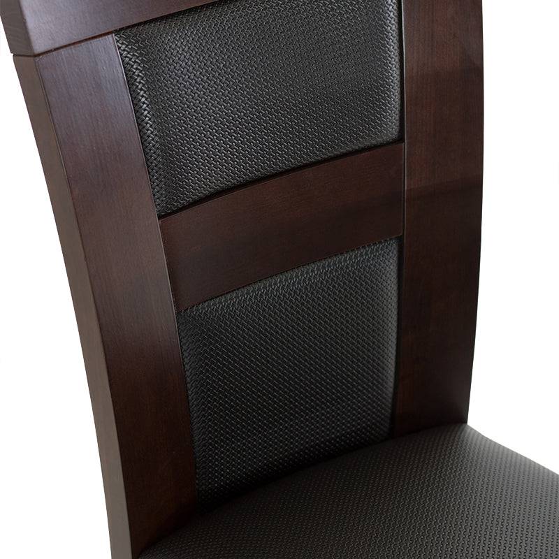 Silla de comedor Burj de madera nogal con asiento acolchado en color oscuro, vista frontal, altura 90 cm, fondo 40 cm.