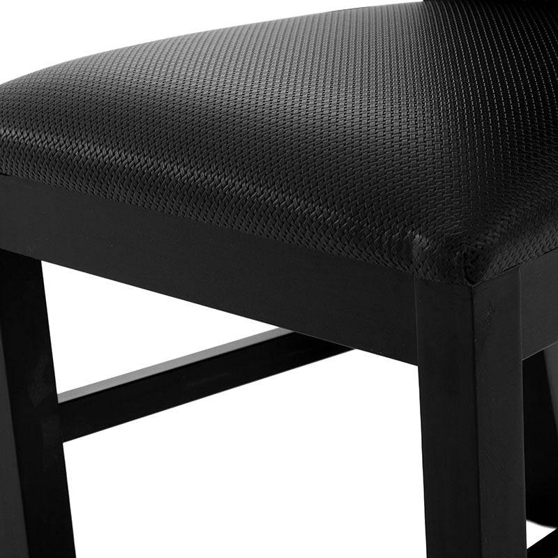 Silla de comedor Burj de madera nogal con asiento de color oscuro, frente y vista lateral, medida 50x90x40 cm.