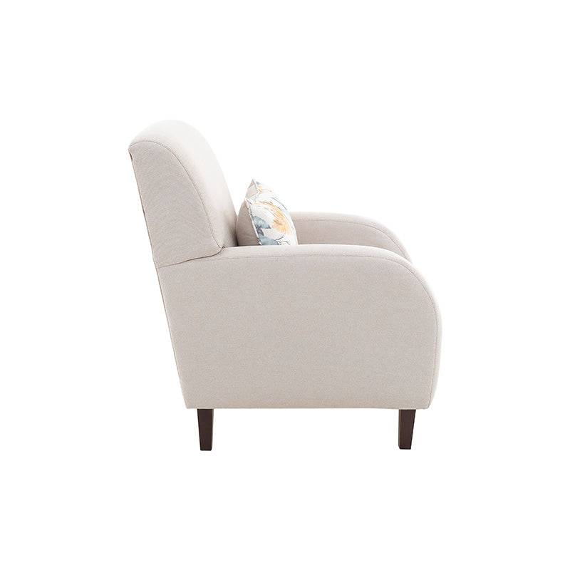 Juego de sala Tamayo de 3 piezas en tela beige claro, sillón con respaldo y asiento acolchonado, dimensiones visibles.