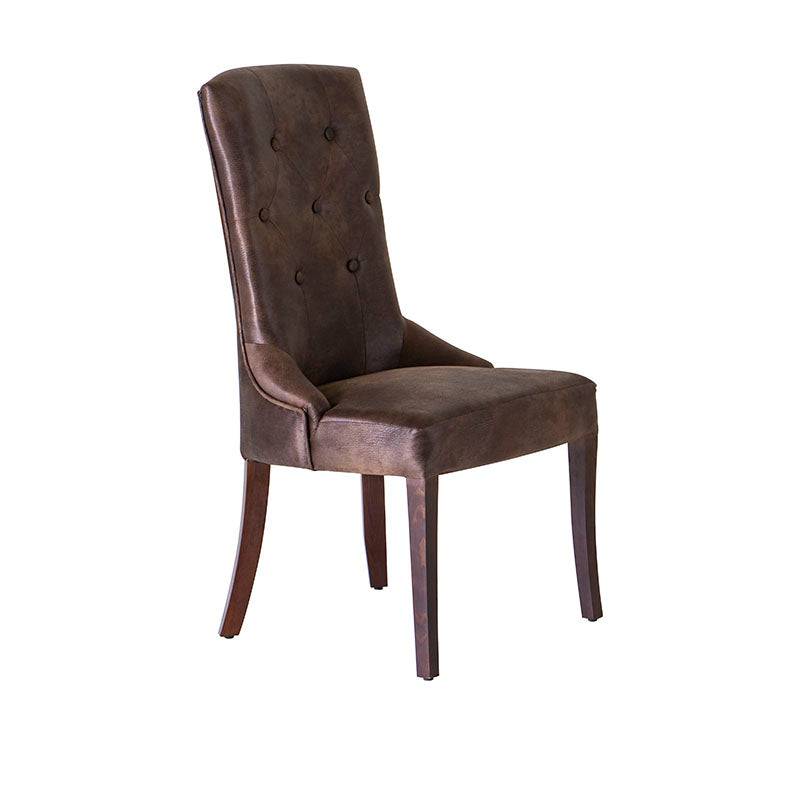 Juego de comedor Aragón de 8 piezas con sillones de madera de pino y tapiz en suede, en color moka.