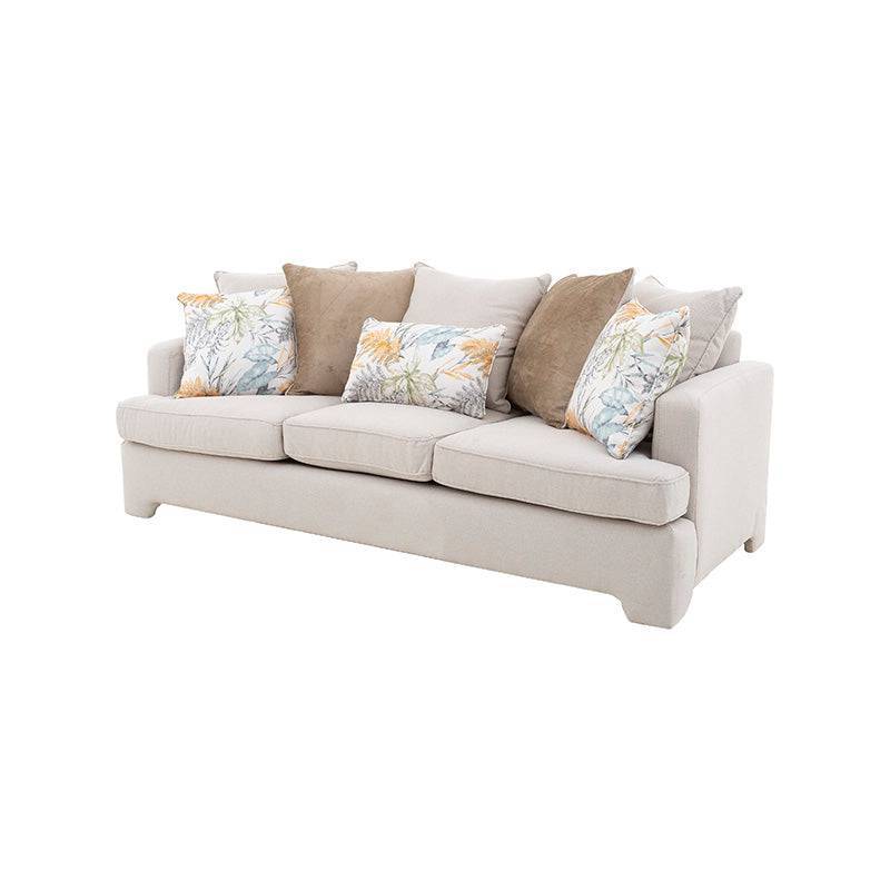 Sofá Tamayo en tela beige claro, deoupe.com.mx, con estructura moderna y cojines cómodos en salón.
