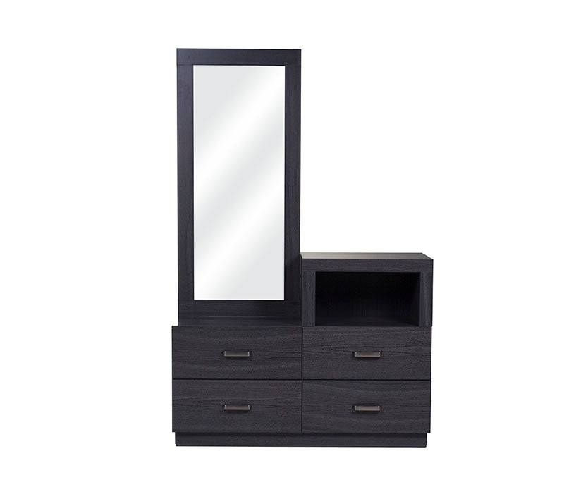 Tocador Olcen de estilo industrial en gris y madera, con superficie de 120 cm de ancho, 80 cm de alto y 40 cm de fondo.