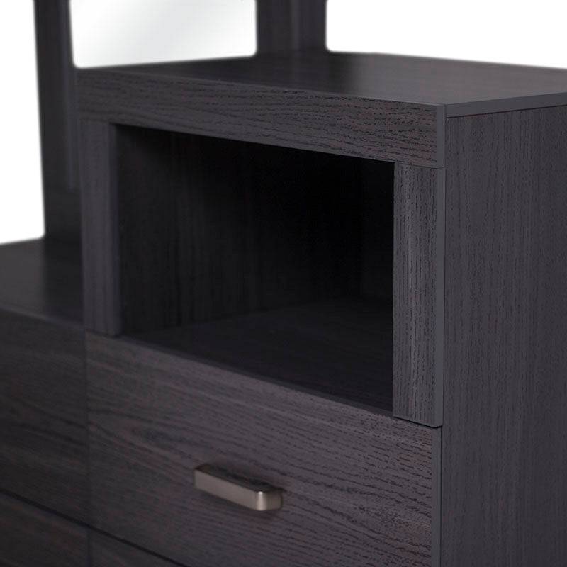 Tocador Olcen de acero y madera gris con diseño industrial, frente, 120 cm de ancho, 80 cm de alto y 40 cm de fondo.