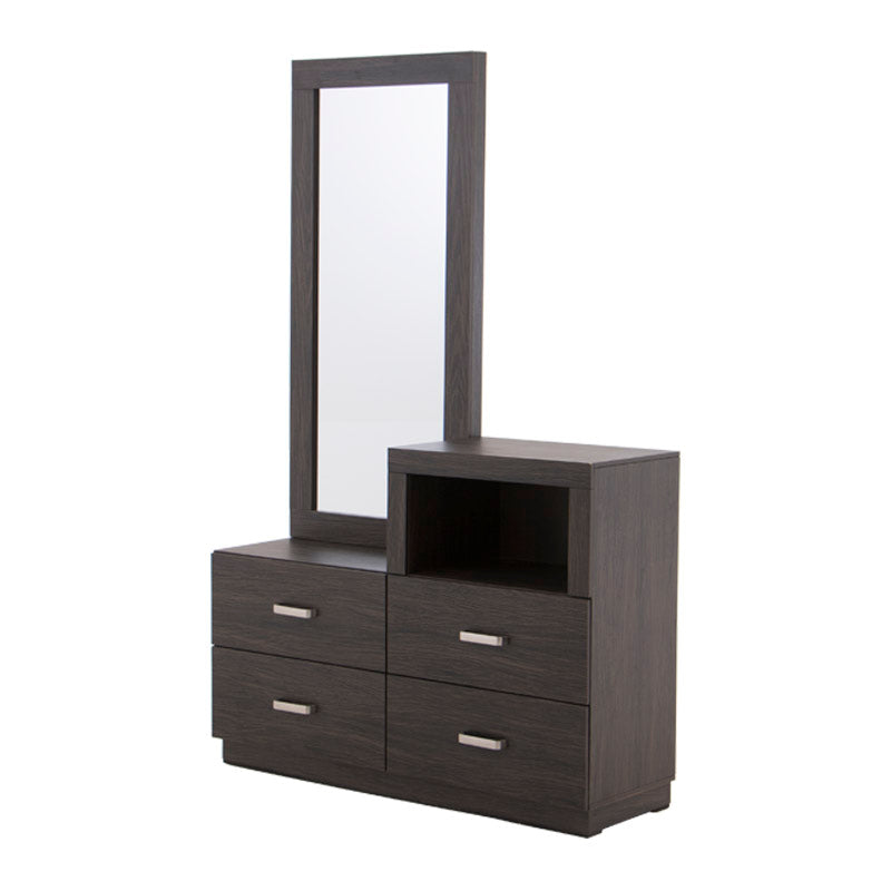 Tocador Olcen deurope.com.mx en estilo industrial gris y madera, con espejo y espacio para maquillaje y accesorios.